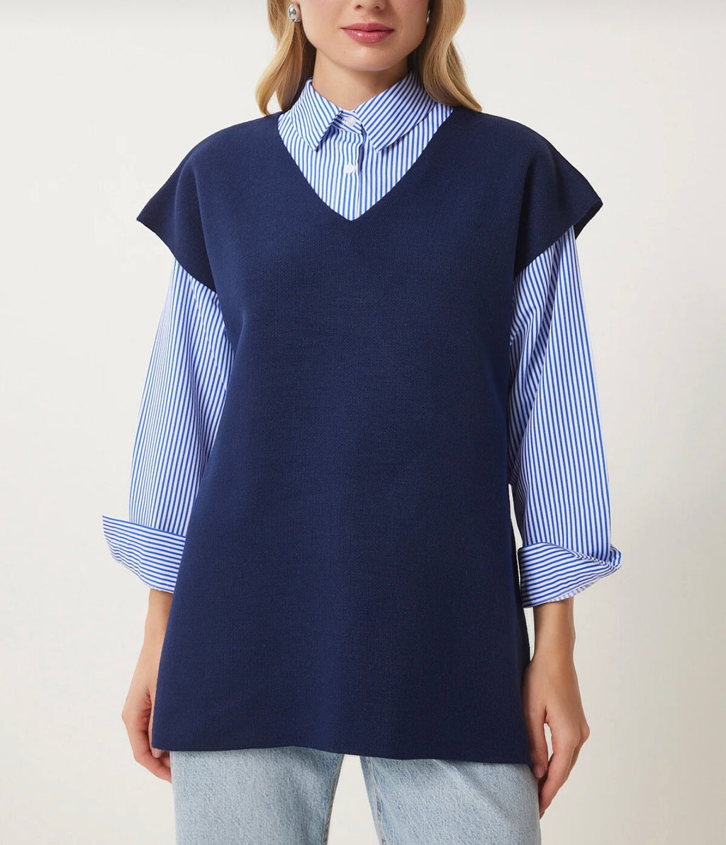 V-neck belted long knitwear